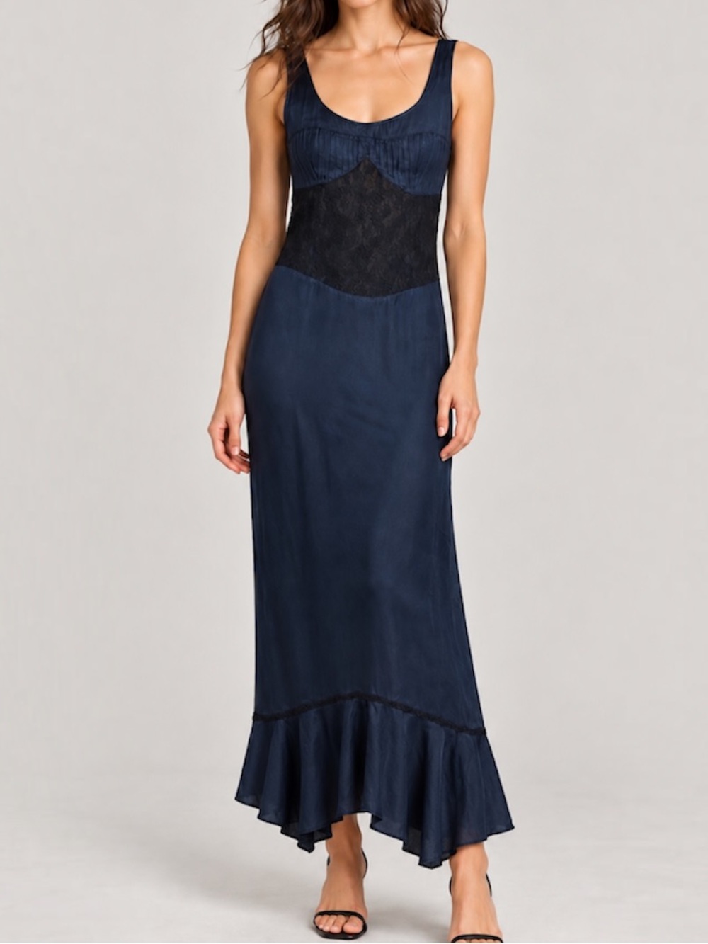 Nataya Y2K Navy Black Lace Corset Party Satin Maxi Dress Goth Ruffle Fairy Small